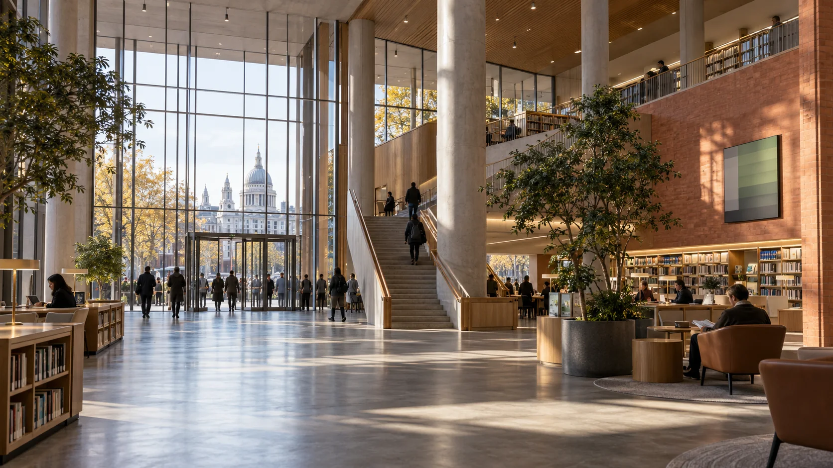 Daylit public library atrium with an energy display on the wall