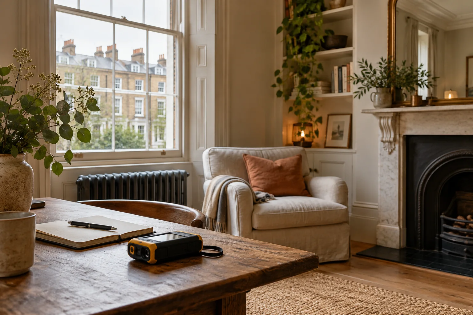 London townhouse interior with a measuring instrument on the table