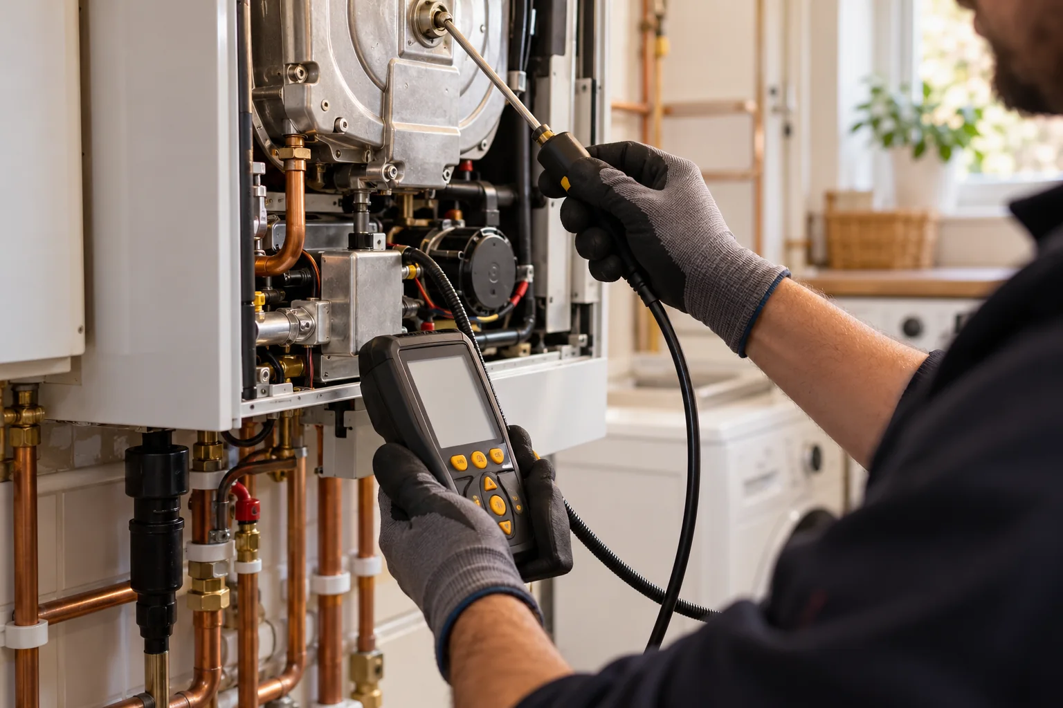 Engineer checking a domestic boiler with a handheld analyser