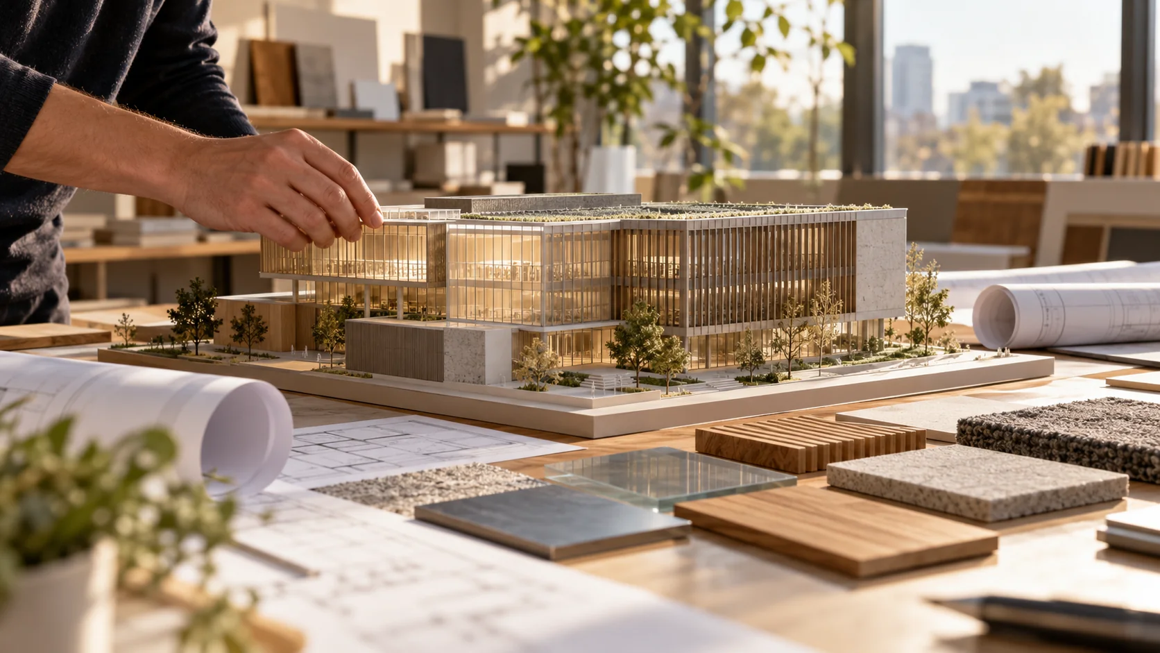 Architect adjusting a physical model of a commercial building
